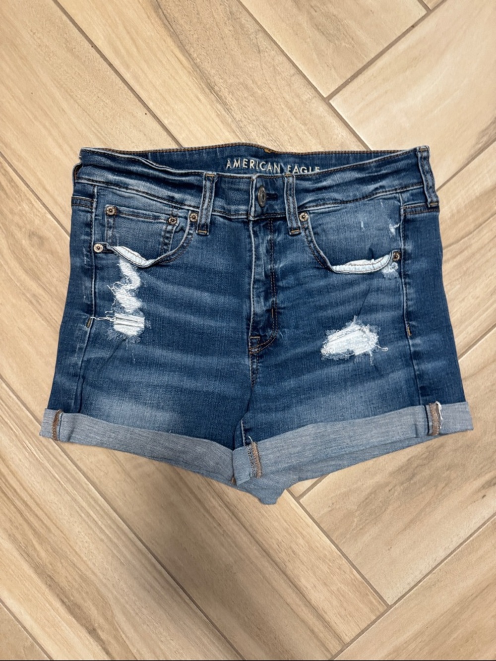 American Eagle Outfitters Dark Blue Distressed Denim Roll-Cuff Shorts